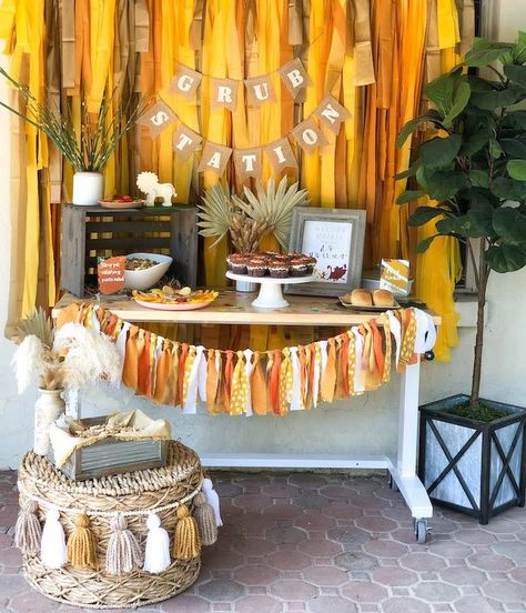 Kara's Party Ideas Boho Lion King Birthday Party | Kara's Party Ideas Lion Cupcakes, Lion King Birthday Party Ideas, Party Food Table, Lion King Poster, Lion Party, Diy Fringe, Goodbye Party, Fall Party Decorations, Lion King Party