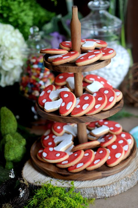 Red Mushroom Cookies.  Fairy birthday party. Mushrooms Birthday Party, Mushroom Forest Theme Party, Mushroom Fairy First Birthday, Mushroom Birthday Cake Ideas, Mushroom Birthday Cake Simple, Frog And Mushroom Themed Birthday Party, Cottagecore Prom Theme, Toadstool First Birthday, Mushroom Forest Wedding