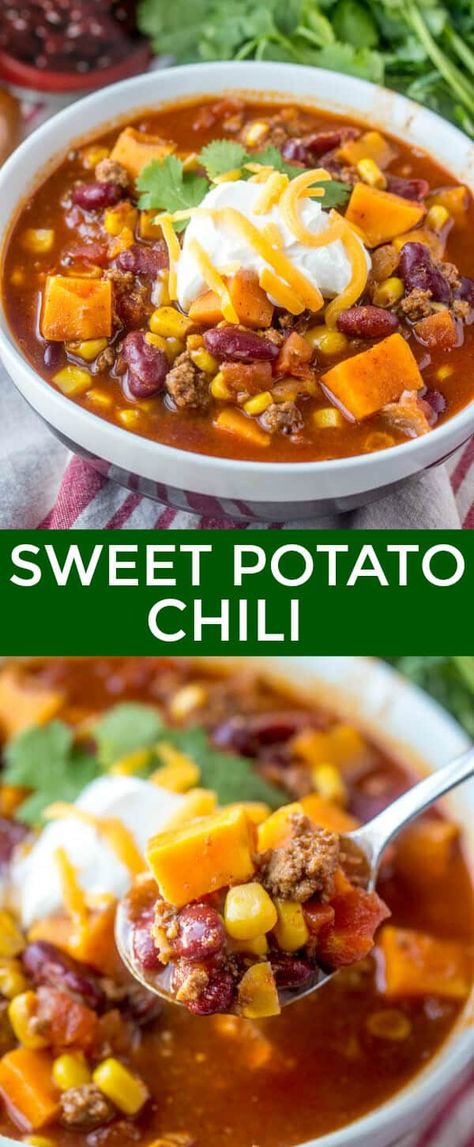 Sweet Potato Chili Crockpot, Turkey Sweet Potato Chili, Sweet Potato Chilli, Sweet Potato Chili Recipe, Potato Chili, Easy Sweet Potato, Soup Easy, Crockpot Chili, Sweet Potato Chili