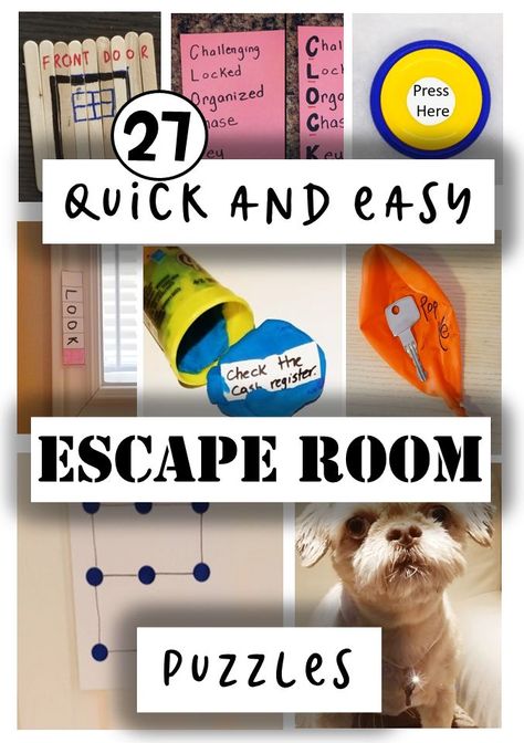 The post shows eight images of escape room puzzles.  From popsicle stick puzzles, recordable buttons, popped balloons and even a dog holding a clue. Problem Solving Activities For Kids, Mystery Escape Room, Escape Box, Escape Room Activities, Escape Room Diy, Diy Escape Room, Free Printable Puzzles, Escape Room For Kids, Activities For Kids At Home