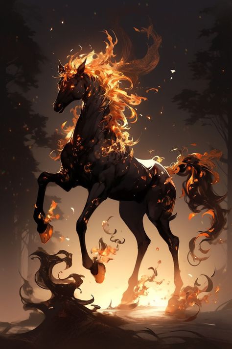 Fire Creature, Fire Animals, Horse Fantasy Art, Fire Horse, Magical Horses, Mystical Animals, Mythical Creatures Fantasy, Beast Creature, Fantasy Horses