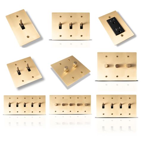 Elevate Your Space with Timeless Elegance Transform the ordinary into extraordinary with our Golden Brass Toggle Light Switch, dimmer & Outlet Cover Wall Plates. Crafted with meticulous attention to detail, these luxurious wall plates are more than mere accessories; they are an investment in your home's aesthetic. Each piece embodies the perfect blend of functionality and style, designed to complement any decor theme from vintage charm to modern minimalist. Why Our Brass Wall Plates Stand Out: S Vintage Switch Plates, Gold Outlets, Gold Light Switch Cover, Light Switch Ideas, Diy Outlet Covers, Brass Outlet, Brass Light Switch, Modern Light Switches, Dimmer Light Switch