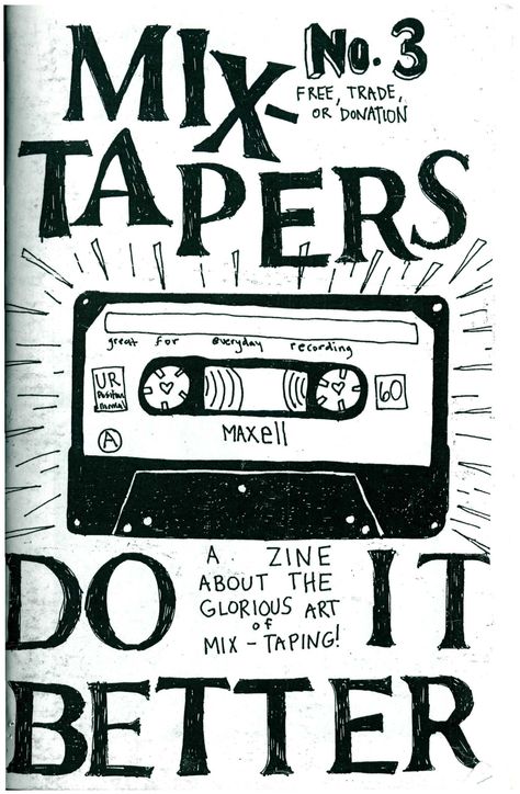 "This is a digital copy of MIXTAPERS DO IT BETTER #3, a zine about the glorious art of mix-taping! Originally created as a split zine with YOUR DAY WILL COME #2, this issue includes notes on biking and music, mix theme ideas, \"The best mix tape story ever,\" among the usual finds like helpful hints and mixtape stories.  11 pages long." Art Zine Ideas, Digital Zine Ideas Inspiration, Zine Design Inspiration, 90s Zine Aesthetic, Aesthetic Zine Ideas, Zine Design Ideas, Mixtape Ideas, Typography Zine, Zine Themes