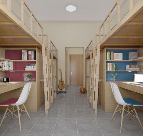 School Dormitory Room Aesthetic, Dormitory Room Design, School Dormitory Room, Zen Room Decor, Dorm Room Layouts, Bedroom Workspace, Hostels Design, School Building Design, Dormitory Room