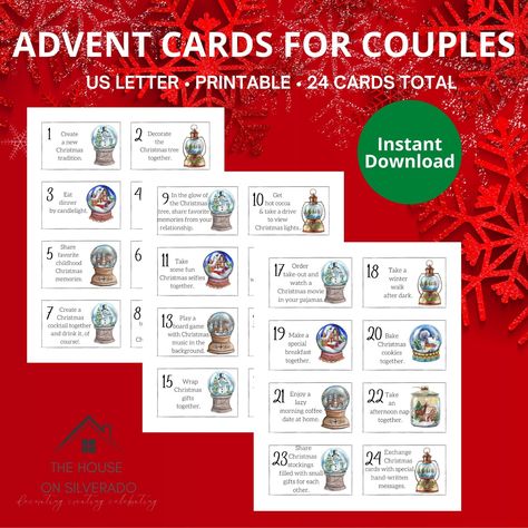 This instant download comes with 24 different cards, each with a fun activity you can enjoy as a couple. Print them out, cut them apart, and then count down the days to Christmas with simple and fun activities to help you slow down and appreciate the spirit of the season. Follow them in order, or pick and choose the ones that fit best in your schedule. This is a great way to make sure the busy holiday season doesn't prevent you from enjoying simple moments with your spouse or partner. Happy Holi Fun Activities For Couples, Advent Calendar Printable, Cards For Couples, Advent Cards, Activities For Couples, Fun Couple Activities, Printable Advent Calendar, Couples Christmas, Days To Christmas