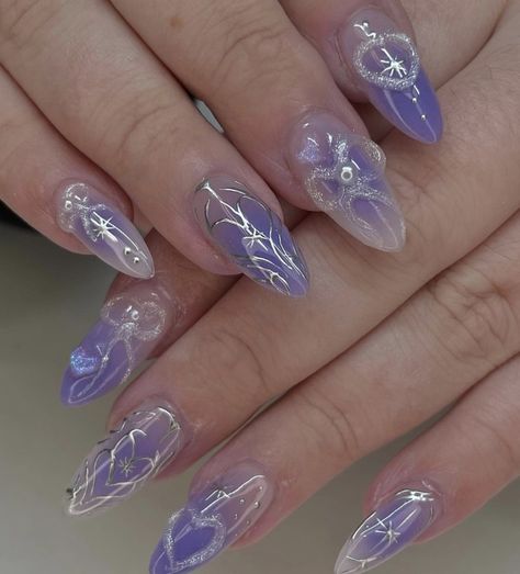 Purple Japanese Nails, Purple 3d Nails, Korean Purple Nails, Douyin Nails Purple, Japanese Art Nails, Purple Blush Nails, Purple Nails Korean, Purple Korean Nails, Purple Pearl Nails