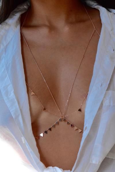 pinterest & insta : daviescaite Body Jewerly, Lili Claspe, Body Necklace, Weird Jewelry, Chain Bra, Gold Overlay, Triangle Bralette, Reclaimed Vintage, Delicate Chain