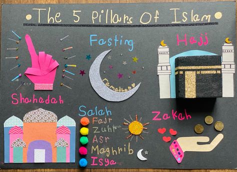 Islam Projects For School, Teaching Aid For Preschoolers, Islamic Soft Board Ideas, Islamic Project Ideas, Islamic School Decoration Ideas, Islamic Models For School Exhibition, Five Pillars Of Islam Project, Arabic Project Ideas, Islamic Classroom Decoration