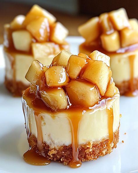 Mini Caramel Apple Cheesecakes Recipe - Recipes By Clare Mini Holiday Desserts, Mini Apple Cheesecake, Caramel Apple Cheesecake Recipes, Cheesecake Rolls, Apple Cheesecake Recipes, Smooth Cheesecake, Thanksgiving Cheesecake, Apple Topping, Strawberry Shortcake Cheesecake