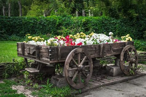 14 Rustic Garden Wagon Ideas For A Country Garden - Garden Lovers Club Yard Wagon, Wagon Ideas, Outdoor Wagon, Wagon Planter, Native Plant Landscape, Antique Wagon, Farm Wagons, Garden Wagon, Windmill Decor