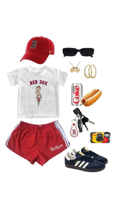 Red Sox baseball game outfit inspiration aesthetic summer Red Sox Outfit, Baseball Game Outfit, Red Sox Game, Game Outfit, Red Sox Baseball, Fits Aesthetic, Sock Outfits, Inspiration Aesthetic, Baseball Game