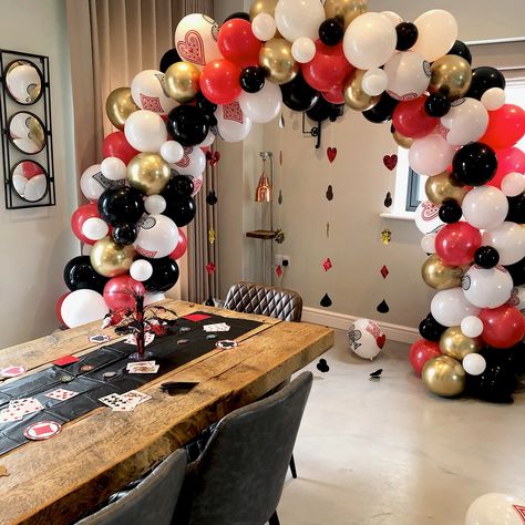 Casino Royal Decorations, Vegas Balloon Arch, Vegas Dance Theme, Classy Casino Theme Party, Vegas Party Decor, Mafia Birthday Theme, Casino Royale Theme Party, Casino Royale Theme, 21st Birthday Themes