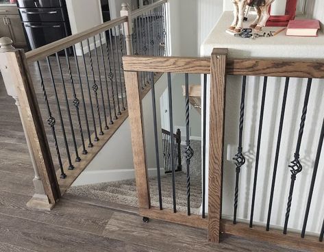 As soon as you contact us we will work with you to create the perfect baby gate or pet gate for you. This is a sliding baby gate that secures the top of the stairs. Gate Wood And Metal, Sliding Baby Gate, Top Of Stairs Gate, Staircase Gate, Painted Gates, Extra Wide Baby Gate, Baby Gate For Stairs, Diy Baby Gate, Top Of Stairs