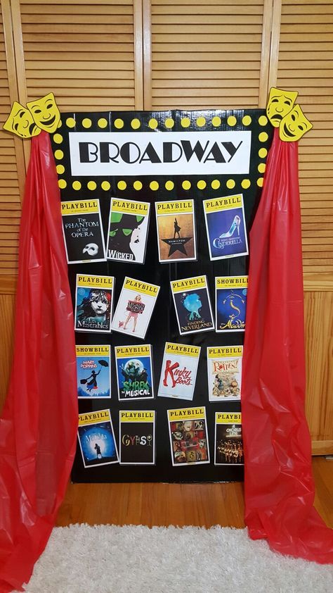 BROADWAY shows...printed color copies of playbills and glued to large black cardboard. Broadway Trunk Or Treat, Broadway Table Decorations, Musical Theater Themed Party, Broadway Musical Themed Party Food, New York Homecoming Theme, Broadway Decorations Themed Parties, Broadway Themed Party Decoration, Broadway Themed Birthday Party, Broadway Party Decorations