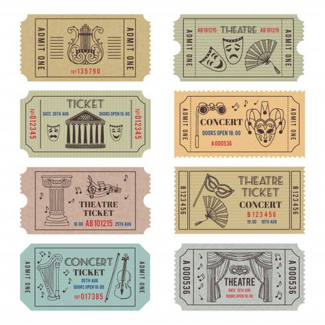 | Premium Vector #Freepik #vector #banner #vintage #label #icon Penanda Buku, Vintage Theatre, طابع بريدي, Cinema Ticket, Ticket Design, Scrapbook Stickers Printable, Bullet Journal Stickers, Vintage Journal, Journal Doodles