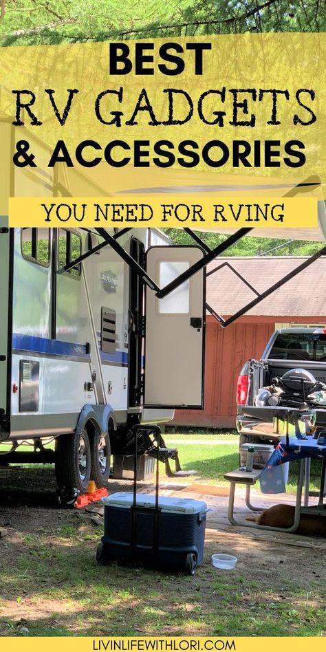 Best RV Gadgets and Accessories needed for the RV Lifestyle Rv Camping Essentials, Rv Must Haves, Rv Hacks Travel Trailers, Rv Camping Accessories, Rv Gadgets, Rv Essentials, Travel Trailer Accessories, Travel Trailer Living, Camper Organization