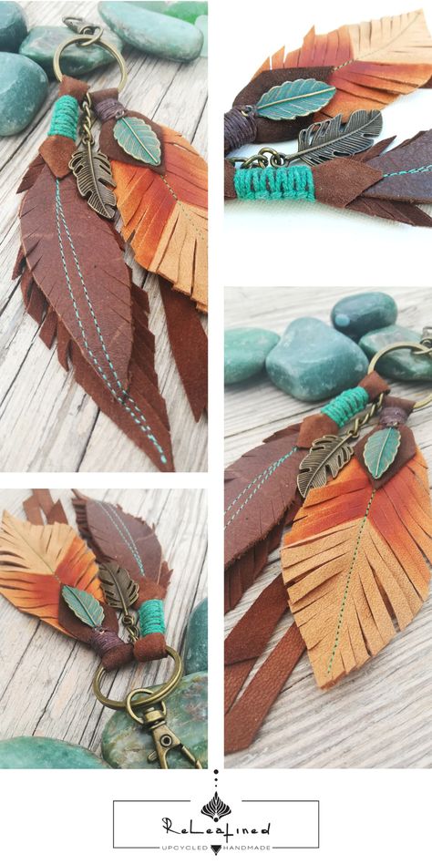 This Recycled, Handmade and One of a kind Leather feather keyring gives a Southwestern touch to your outfit. Can be used as purse charm, bag charm, belt clip, zip puller or keychain. This Boho purse charm is a perfect bohemian accessory gift to add a Hippie, gypsy, native american, western flair to your sustainable wardrobe. #bohemian #bohoaccessories #leatherfeather Diy Leather Feather Earrings, Leather Flower Tutorial, Charm Belt, Boho Bag Charm, Purse Charms Diy, Feather Keychain, Boho Chic Accessories, Leather Working Patterns, Sustainable Wardrobe