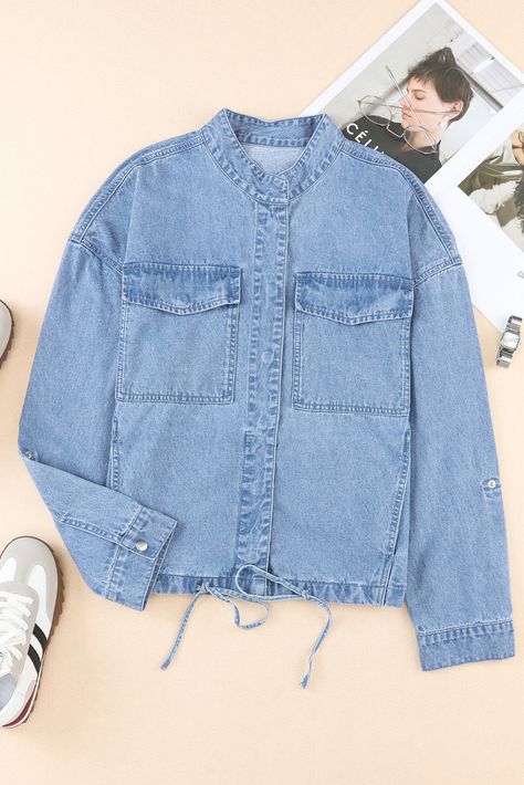 US$ 16.33 Drop-shipping Sky Blue Roll-Up Tab Sleeve Button Down Pocket Denim Jacket for Women Pineapple Clothes, Boyfriend Jacket, Tea Shirt, Liquid Leggings, Denim Pocket, Classic Denim Jacket, Solid Leggings, Sleeves Clothing, Blue Denim Jacket