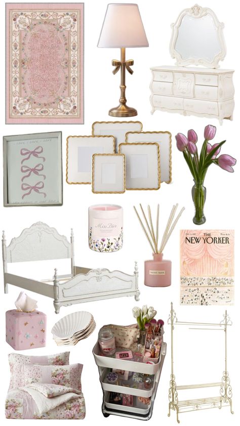 Girly Bedrooms For Women, Girly Room Inspo Aesthetic, Rom Com Bedroom, Lana Del Ray Bedroom Aesthetic, Loveshackfancy Aesthetic Room, Love Shack Fancy Inspired Bedroom, Loveshackfancy Aesthetic Bedroom, Dainty Room Aesthetic, Cocette Room