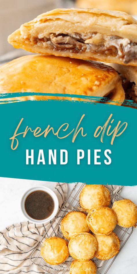 I love experimenting with new ways to use prepared pie dough, and one of my favorites is making savory hand pies (like my Mini Taco Pies and Reuben Hand Pies recipes). Today I'm sharing a new mini beef pies recipe: French Dip Hand Pies! They are SO yummy, and fun to eat while dipping them into au jus. If you're looking for a mini meat pie recipe or a baked French Dip, click or visit FabEveryday.com for th recipe so you can give these delicious, small meat pies a try! Mini Beef Pies, Halloween Hand Pies Savory, Hand Pie Pastry Dough, Muffin Tin Meat Pies, Mini Meat Pie Recipe, Hand Meat Pies, Easy Hand Pies Savory, Dessert Hand Pies, Steak Hand Pies