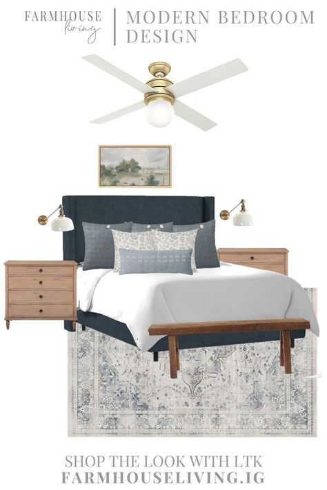 Here’s the design board we designed together on Instagram yesterday. I love the blue in this master bedroom design. Master Bedroom - Primary Bedroom - Blue Home Decor - Blue Headboard - Ruggable in Bedroom - Gold Fan - Bedroom Design Blue Upholstered Bed Decor, Blue Sheets Bedroom, Upholstered Bed Decor, Fabric Headboard Bedroom, Glamorous Bedding, Tufted Headboard Bedroom, Blue Upholstered Bed, Primary Bedroom Design, Bedroom Decor Aesthetic