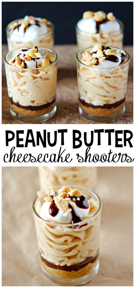 No bake peanut butter cheesecake shooters...these are devine for dessert! Mini Dessert Shooter Recipes, Peanut Butter Shooters, Flan Dessert Shooters, Dessert Shots Ideas, Peanut Butter Dessert Cups, Desserts Served In Glasses, Boozy Dessert Shooters, Churro Cheesecake Shooters, Desert Shooters Recipes