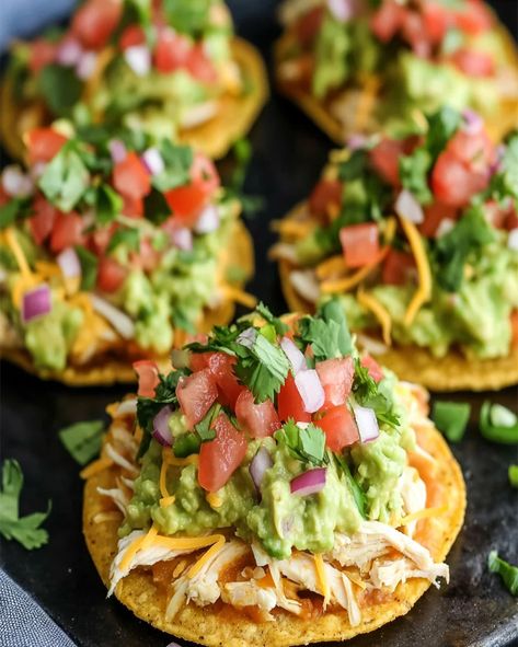 Chicken Guacamole and Bean Tostadas | Easy Mexican Recipe Chicken And Guacamole, Guatemalan Appetizers, Seasoned Beans, Chicken Guacamole, Tostada Shells, Bean Tostadas, Costco Chicken Bake, Guacamole Chicken, Wraps Recipes Easy