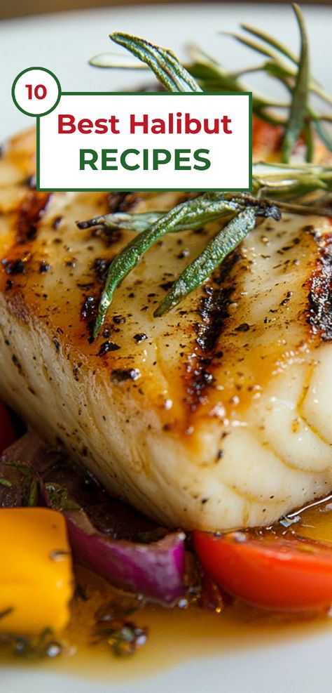 Close-up of a grilled halibut fillet. The halibut is cooked to perfection, with grill marks visible on its surface. It's served with roasted vegetables and garnished with fresh rosemary. Halibut Asian Style, Recipes For Halibut Fish, Halibut Recipes Asian, Asian Halibut Recipes, Miso Halibut Recipes, Pacific Halibut Recipe, Bbq Halibut Recipes, Sauce For Halibut, Halibut Marinade