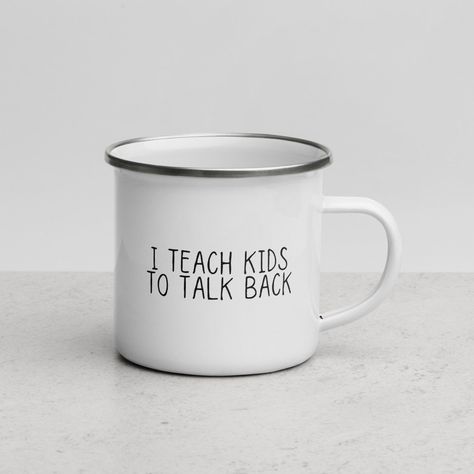 Excited to share this item from my #etsy shop: I Teach Kids To Talk Back Enamel Mug - Speech Therapist Campers Mug - Speech Pathology Coffee Cup - Funny Speech Language Pathologist Gift Counselor Appreciation, Therapist Quotes, Family Gift Exchange, Speech Language Pathologist Gifts, Speech Therapist Gift, Funny Speeches, Teacher Appreciation Gifts Diy, Teacher Appreciation Printables, Lego Gifts