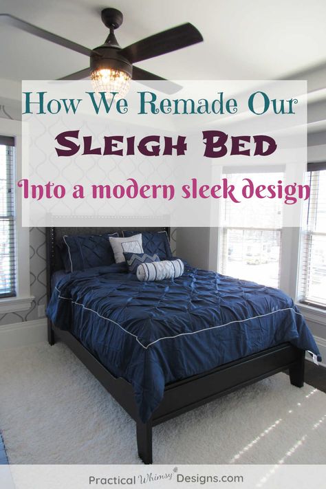 Take a look at this queen sleigh bed makeover. We updated our sleigh bed with a modern and sleek design to fit our new master bedroom. | #upcycledfurniture #upcycledproject #bedmakeover Black Sleigh Beds, Sleigh Bed Makeover, Daybed Room Ideas, Cherry Sleigh Bed, Daybed Diy, Wooden Sleigh Bed, Wood Sleigh Bed, Headboard Makeover, Daybed Room