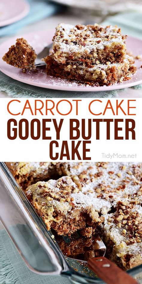 You won't have any will power once this Carrot Cake Gooey Butter Cake hits your mouth! We are giving the traditional Gooey Butter Cake a spring twist with all the flavors of our favorite carrot cake! It\'s a spice cake chock-full of real carrots with cream cheese and pecan gooey filling to put it over the top!  Print the full recipe at TidyMom.net #carrotcake #gooeybuttercake #cake #dessert via @tidymom Ooey Gooey Cake, Gooey Cake, Spring Recipes Dessert, Gooey Butter, Gooey Butter Cake, Frozen Dessert Recipe, Butter Cake Recipe, Spice Cake Mix, Spring Desserts