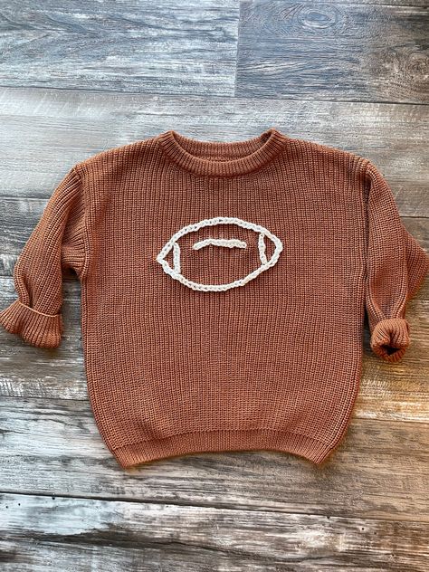 Hand embroidered toddler sweater. Perfect for football season!🏈 Hand Embroidered Sweater, Football Embroidery, Football Sweater, Toddler Style, Fall Football, Custom Sweaters, Kids Jumpers, Toddler Sweater, Football Baby