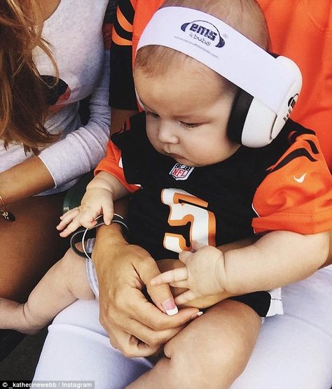 Cutest fan: Katherine Webb's son Tripp wore a mini version of his dad AJ McCarron's football jersey to the Cincinnati Bengals pre-season game against the Indianapolis Colts on Thursday Bengals Jersey, Katherine Webb, Toddler Football, Orange Jersey, Baby Boy Photos, Black And Orange, Indianapolis Colts, Cincinnati Bengals, Football Games