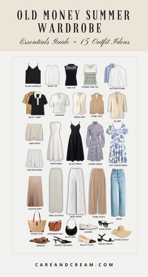 Upgrade your summer look with our Old Money Summer Capsule Wardrobe! We've put together 15 elegant outfit ideas that will awaken your old money style with a mix of 25+ chic summer essentials. Feel confident owning your aesthetic this summer with the relaxed yet refined old money summer style. These outfit ideas are truly an inspiration for crafting your timeless capsule wardrobe. Plus: old money look, old money summer outfits, quiet luxury. Modern Money Outfits, Wardrobe Glow Up, Old Money Summer Wardrobe, Quiet Luxury Aesthetic Outfit, Old Money Style Summer Women, Quiet Luxury Summer Outfit, Elegant Mom Outfits, Summer Classic Outfits, Chic Summer Outfits 2024