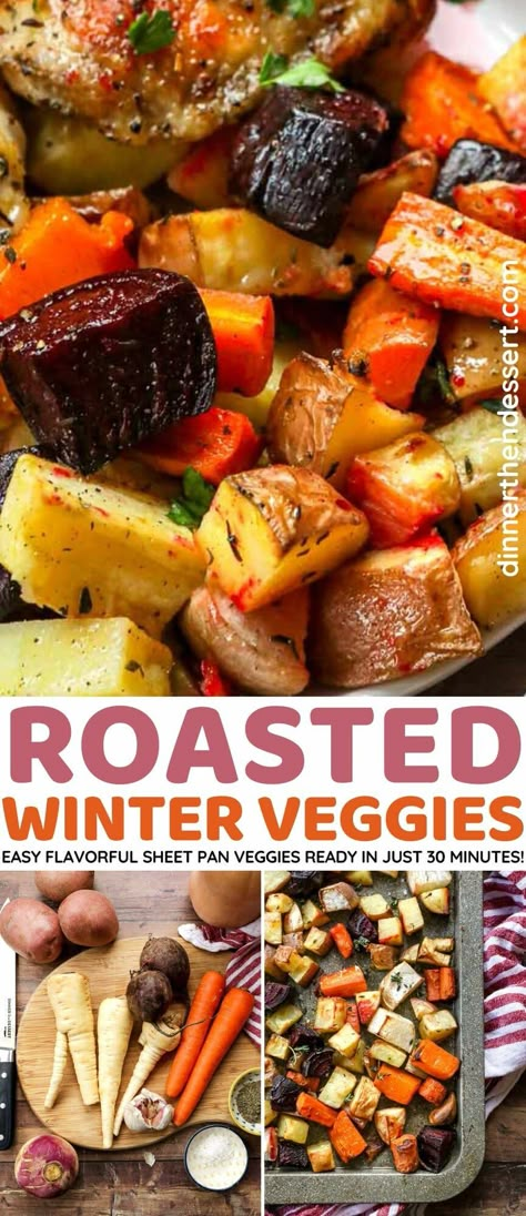 Roasted Winter Vegetables are the perfect side for the cold months with squash, carrots, parsnips, garlic and more tossed in oil and roasted. Roasted Autumn Vegetables, Winter Roasted Vegetables, Roasted Winter Vegetables Oven, Roasted Root Vegetables Oven, Parsnips And Carrots Roasted, Roast Parsnips And Carrots, Roasted Fall Veggies Root Vegetables, Roasted Winter Vegetables, Roasted Fall Vegetables