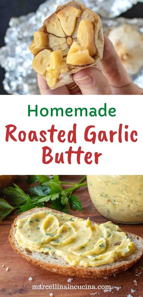 Enjoy the magical transformation of garlic with our exceptional Roasted Garlic Compound Butter recipe. Unlike ordinary recipes, our meticulously crafted blend tantalizes your palate with a harmonious balance of rich, nutty roasted garlic and velvety, creamy butter. #RoastedGarlicButter #FlavorfulDelights #CookingFromScratch #HomemadeGoodness #GourmetButter #GarlicLovers #KitchenCreations #ButterEnhancement #FoodieFaves #SavorySpreads #HomeCooking Roasted Garlic Butter Recipe, Garlic Compound Butter, Easy Roasted Garlic, Garlic Butter Recipe, Roasted Garlic Butter, Roasted Garlic Recipe, Butter Recipes Homemade, Flavored Butter Recipes, Herb Butter Recipe