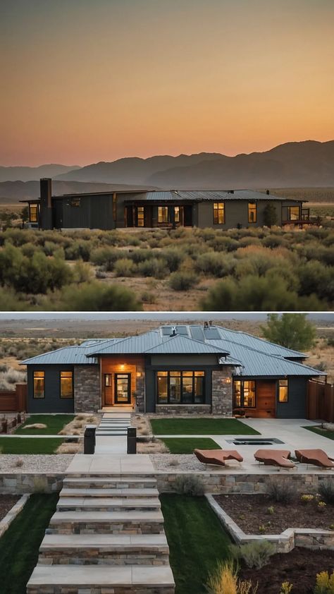 17 Modern Ranch House Ideas: Where Style Meets Practicality 44 Mid Century Ranch Exterior Remodel, Modern Single Story Homes, Arizona House Plans, Ranch House Ideas, Ranch Style House Exterior, Hip Roof House, Modern Ranch House Exterior, Modern Ranch Exterior, Contemporary Ranch Home