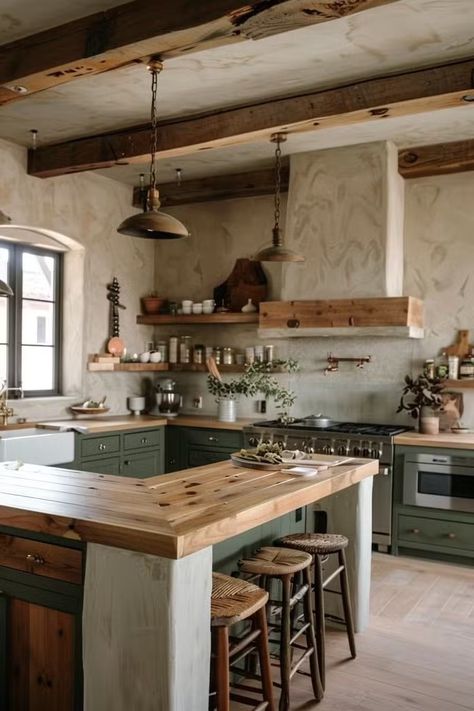 Green Cabinet Wood Counter, Green Rustic Kitchen, Kitchens With Green Cabinets, Milling Wood, Small House Kitchen, Alder Kitchen Cabinets, Kitchen Diners, Small Farmhouse Kitchen, Barn House Interior