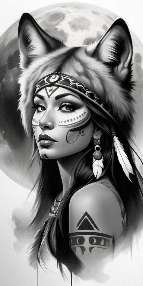 Wolf And Girl Tattoo, Girl Face Tattoo Design, Indian Girl Tattoo, Half Sleeve Tattoos Wolf, Indian Chief Tattoo, Girl Tattoo Design, Face Tattoo Design, Wolf Girl Tattoos, Native American Tattoo Designs