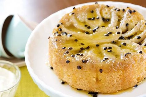 Banana-passionfruit upside-down cake - Recipes - Eat Well (formerly Bite) Pi Party, Coconut Sweet Recipes, Banana Passionfruit, Passionfruit Cake, Best Fruit Cake Recipe, Nadia Lim, Ecuadorian Food, Passionfruit Recipes, Recipes Banana