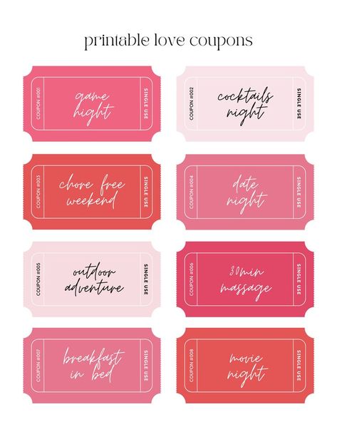 Printable Love Coupons, Valentine Worksheets, Gift Voucher Design, Coupons For Boyfriend, Romantic Date Night Ideas, Voucher Design, Creative Dates, Diy Coupons, Free Printable Coupons