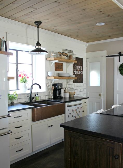 Above Kitchen Sink, Wood Plank Ceiling, Plank Ceiling, Refacing Kitchen Cabinets, White Kitchen Island, Wood Ceiling, Kitchen Ceiling, New Kitchen Cabinets, Ideas Hogar