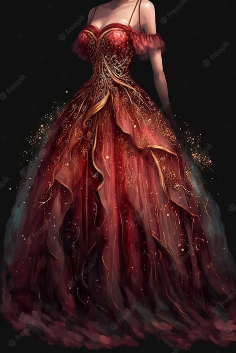 Red And Gold Dress Gowns, Red And Gold Fantasy Dress, Red And Gold Dress Formal, Red And Gold Ball Gown, Gold Fantasy Dress, Red Fantasy Gown, Red Fantasy Dress, Ballgown Aesthetic, Fire Faerie