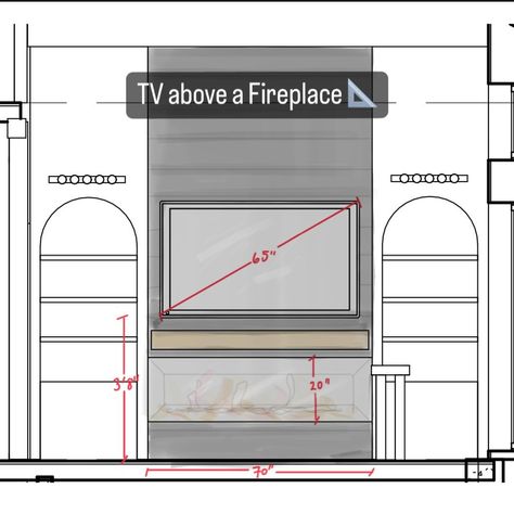 The standard measurements to watch TV comfortably should have a height that’s no more than 5 degrees from eye level 👁️ That’s why having a fireplace beneath your tv can make it too high, hence we designed the built-in unit with a gas fireplace that resembles an electric one. Definitely a more modern design but operates the same! 📺🔥 #virtualinteriordesign #roomdesign #interiordesigner #architecturaldesigner #beforeandafter #roommakeover #tvheight #fireplacedesign #tvdesign #builtins #entert... Tv To Fireplace Size, Electric Fireplace Size Guide, Tv Height From Floor, Fireplace With Tv On Side, Built In Electric Fireplace And Tv, Tv With Electric Fireplace, Fireplace Tv Wall Plans, Gas Fireplace Ideas With Tv Above, Fireplace Measurements