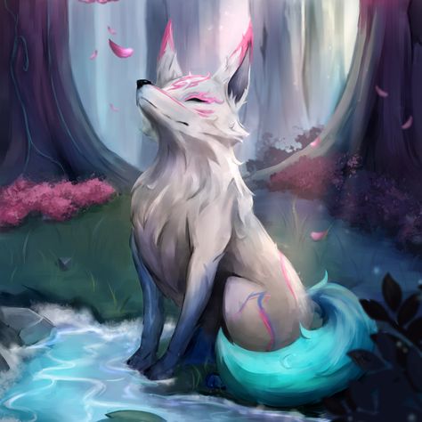 Fox Spirit Art, Kitsune Character, Kitsune Spirit, Kitsune Fox Spirit, Ahri Fanart, Spirit Blossom Ahri, Fox Aesthetic, Spirit Blossom, Fox Character