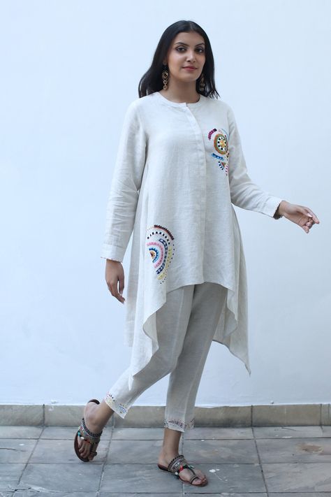 Shop for these amazing collections of Beige 100% Linen Embroidery Thread High Low Hem Tunic For Women by Linen Bloom online at Aza Fashions. Summer Embroidered Linen Tunic, Linen Embroidery, Tunics Online, Buy Linen, Linen Tunic, Comfort Wear, Co Ord Set, Designer Wear, High Low Hem