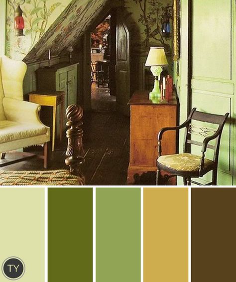 Living Colors, Vintage Colour Palette, Brown Color Schemes, Yellow Colour Scheme, Living Room Color Schemes, Green Walls, Grey Color Scheme, Green Colour Palette, Bedroom Color Schemes