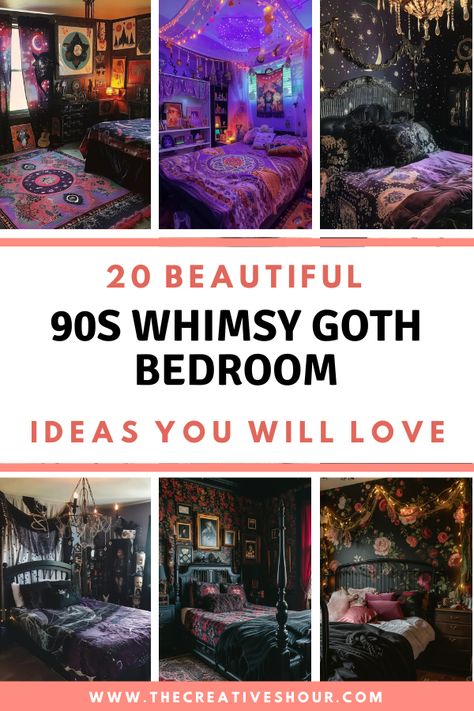 20 Amazing 90s Whimsy Goth Bedroom Ideas You Should See Spooky Eclectic Decor, Spooky Aesthetic Bedroom Ideas, Gothic Boho Home Decor Bedroom, Cottagegoth Bedroom, Whimsy Goth Office, Goth Mobile Home, Art Nouveau Bedroom Ideas, Gothic Academia Bedroom, Witchy Bedroom Ideas Diy