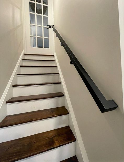 Metal Handrails For Stairs, Black Handrail, Handrail For Stairs, Stairs Black, Black Stair Railing, Stair Railing Makeover, Metal Handrail, Wall Mounted Handrail, Metal Stair Railing