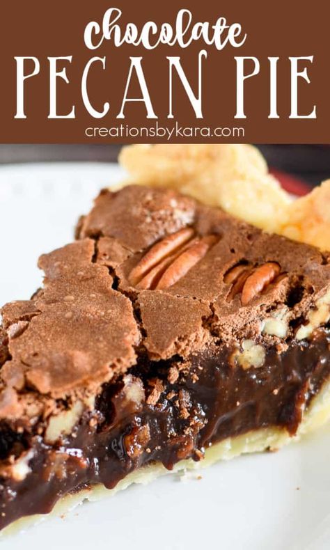 Incredible Chocolate Pecan Pie Recipe - an indulgent baked chocolate pie loaded with chopped pecans. A perfect pie for Thanksgiving or any holiday gathering. A tasty twist on traditional pecan pie. #chocolatepecanpie #chocolatepecanpierecipe #creationsbykara #thanksgivingpie #pierecipe Baked Chocolate Pie, Chocolate Pecan Pie Recipe, Pie For Thanksgiving, Chocolate Chip Pie, Just Pies, Pies Recipes, Pie Pops, Chocolate Pecan Pie, Chocolate Pie